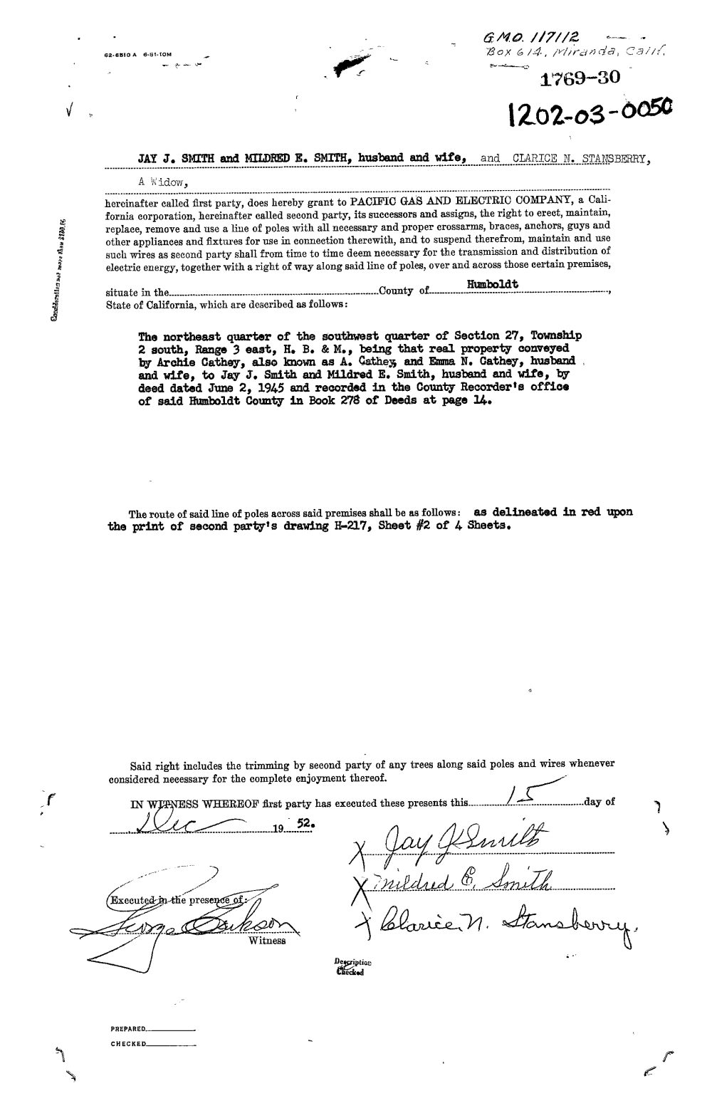 First-page preview of the 1952 PG and E right-of-way record